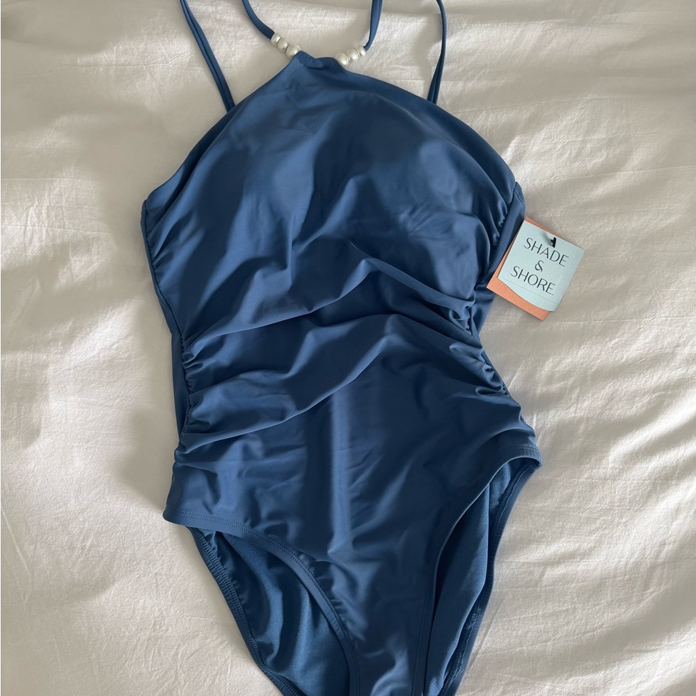 Shade & Shore blue halter one-piece bathing suit, size medium